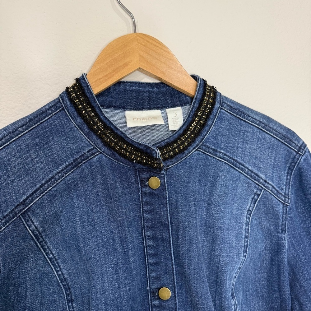 Chico’s Embellished Denim Jacket Nehru Collar Metal Buttons Size 16 (Chico’s 3) - Picture 2 of 11